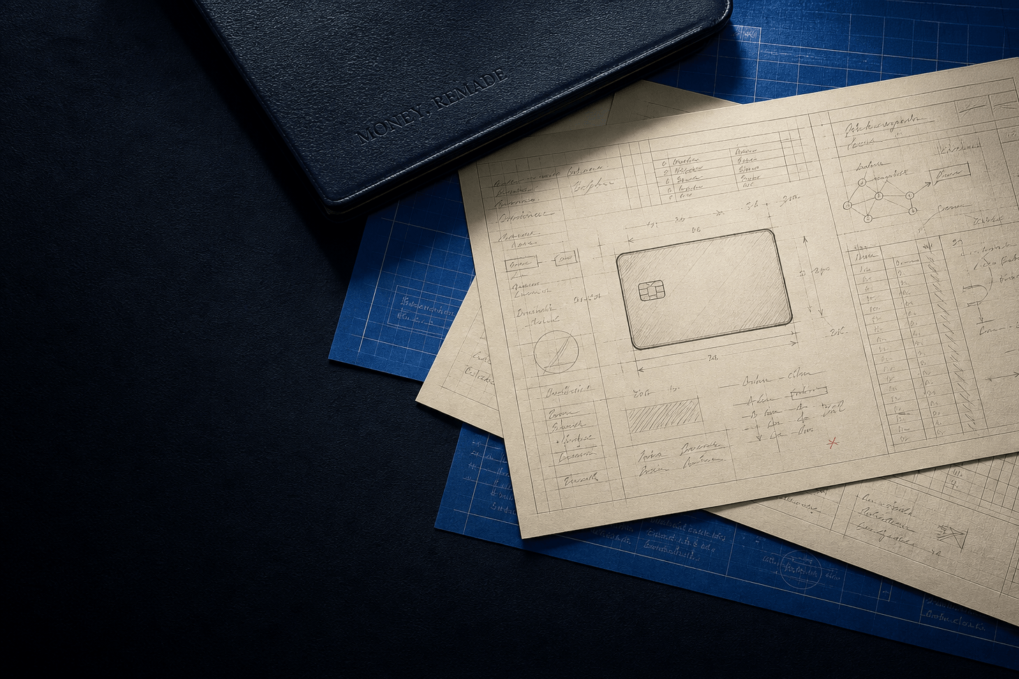 A pencil bank card blueprint, research tables and diagrams arranged on a dark Money, Remade editorial desk